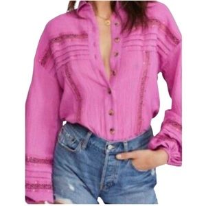 FREE PEOPLE Summer Stars Crochet Trim Boho Purple Pink Fuchsia Blouse Shirt M
